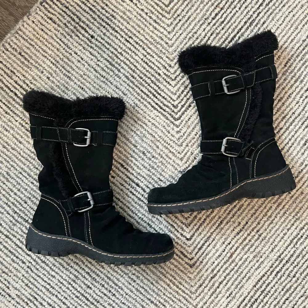 Baretraps Suede Brandlee Size 9 Black Leather Faux Fur-Lined Boots Y2K Winter